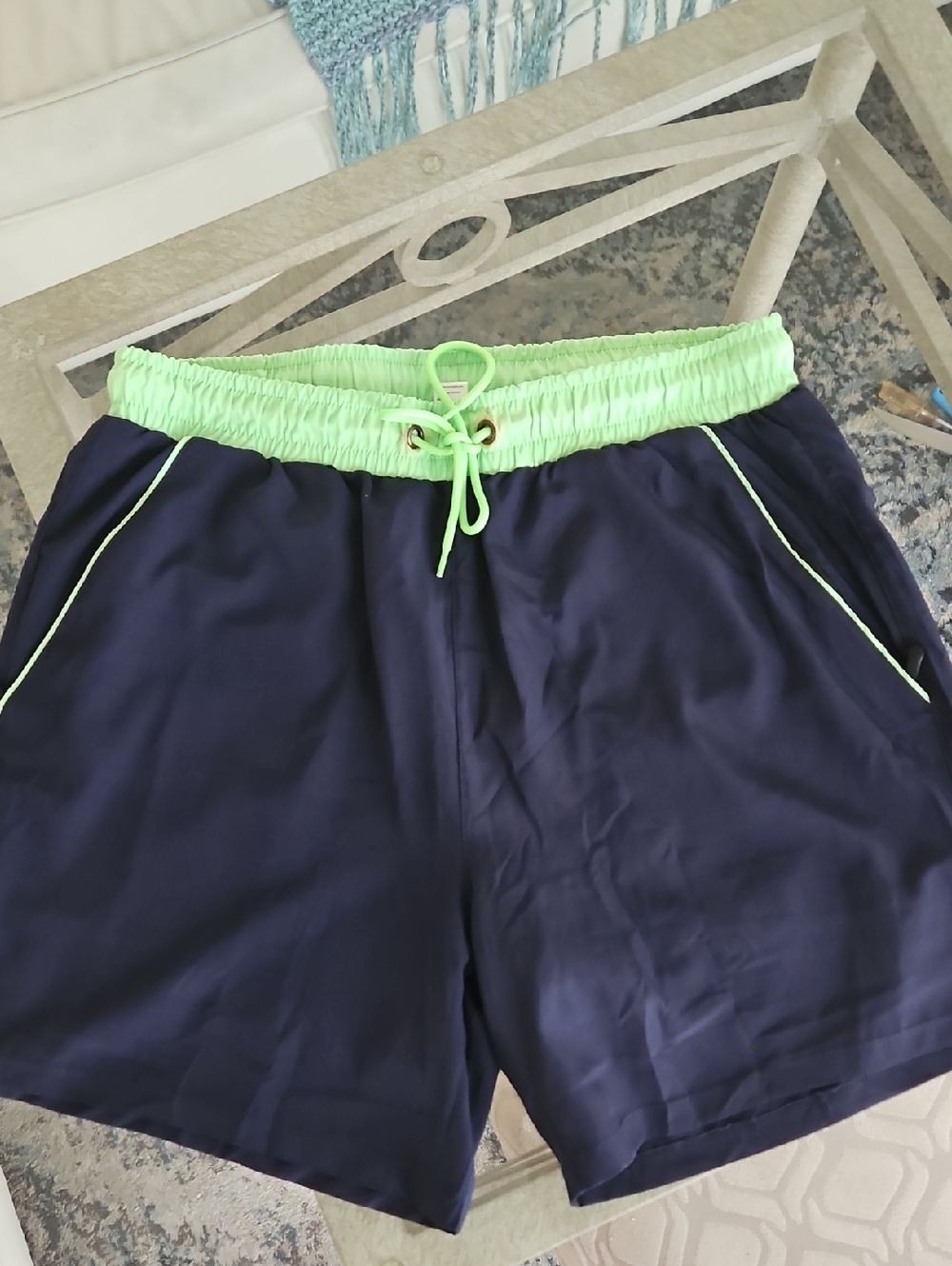 Men's Navy Swim Trunks with Lime Green Waistband